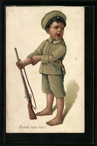 AK Kleiner Junge in Uniform mit Gewehr, Kinder Kriegspropaganda