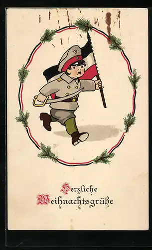 AK Kleiner Junge in Uniform und mit Reichsflagge, Kinder Kriegspropaganda