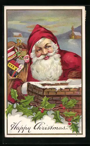 Präge-AK Weihnachtsmann mit Geschenken am Schornstein