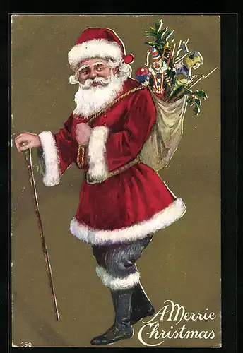Präge-AK Weihnachtsmann mit Geschenken
