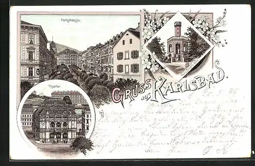 Vorläufer-Lithographie Karlsbad, 1895, Parkstrasse, Franz-Joseph`s Jöhe, Theater