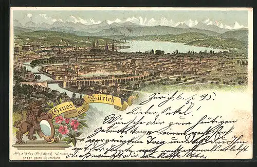 Vorläufer-Lithographie Zürich, 1895, Stadt-Panorama aus der Vogelschau