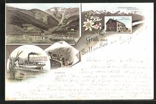 Vorläufer-Lithographie Zell am See, 1895, Dampfboot, Bergwagen, Hotel a. d. Schmittenhöhe