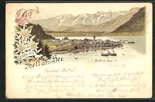 Vorläufer-Lithographie Zell am See, 1893, Seeufer als Panorama