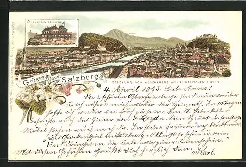 Vorläufer-Lithographie Salzburg, 1893, Hotel auf dem Gaisberg, Elektrischer Aufzug, Mönchsberg