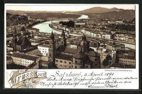 Vorläufer-Lithographie Salzburg, 1893, Stadtansicht aus der Vogelschau