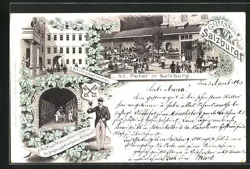 Vorläufer-Lithographie Salzburg, 1893, Restaurant Stiftskellerei St. Peter