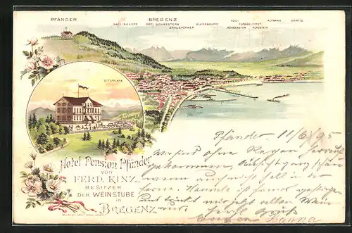 Vorläufer-Lithographie Bregenz, 1895, Hotel Pension Pfänder auf dem Pfänder von Ferd. Kinz, Besitzer der Weinstube 