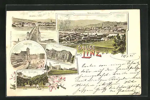 Vorläufer-Lithographie Linz a. D., 1895, Hauptplatz, Volksgarten, Brücke und Urfahr