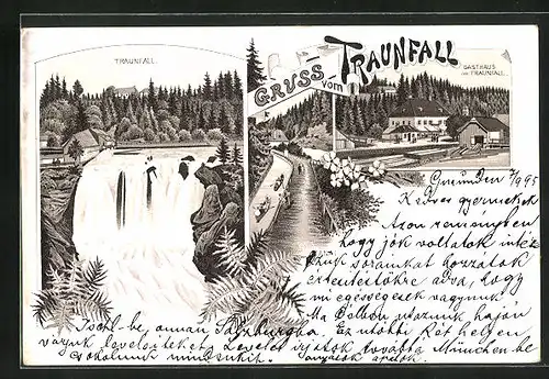 Vorläufer-Lithographie Roitham, 1895, Traunfall, Gasthaus am Traunfall, Kanal