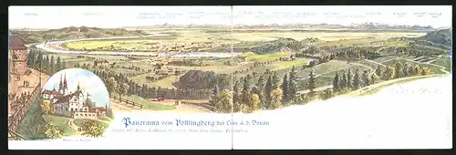 Klapp-AK Linz a. D., Panorama vom Pöstlingberg, Hotel und Kirche