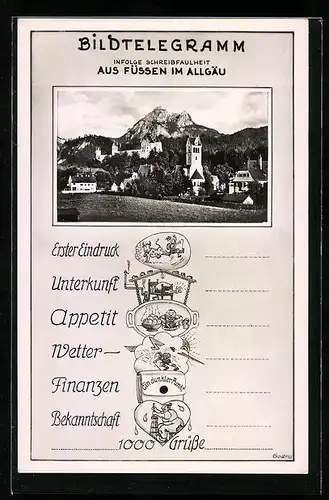 AK Füssen /Allgäu, humoristische Postkarte mit Ortsansicht