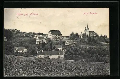 AK Wranau /Mähr. Schweiz, Ortsansicht mit Wallfahrtskirche