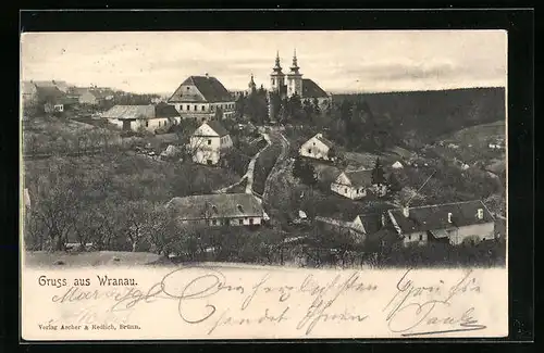 AK Wranau /Mähr. Schweiz, Ortsansicht mit Wallfahrtskirche