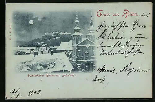 Mondschein-AK Brünn / Brno, Dominikaner Kirche mit Spielberg