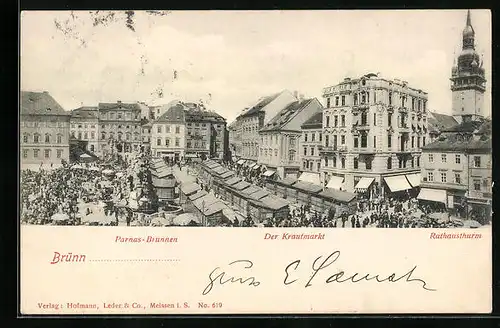 AK Brünn / Brno, Parnas-Brunnen, Krautmarkt, Rathausturm