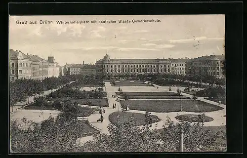 AK Brünn / Brno, Winterhollerplatz mit deutscher Staats-Gewerbeschule