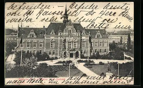 AK Brünn / Brno, Deutsches Haus mit Kaiser Josef-Denkmal