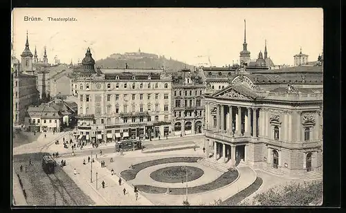 AK Brünn / Brno, Theaterplatz mit Strassenbahn