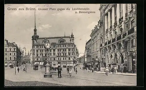 AK Brünn / Brno, Grosser Platz gegen die Liechtenstein- u. Rennergasse