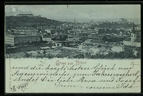 Mondschein-AK Brünn / Brno, Panorama mit Kirche