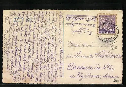 AK Eibenschitz, Ortspartie mit Denkmal