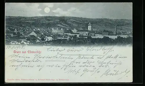 Mondschein-AK Eibenschitz, Panorama mit Turm