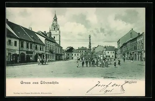 AK Eibenschitz, Ringplatz mit Denkmal