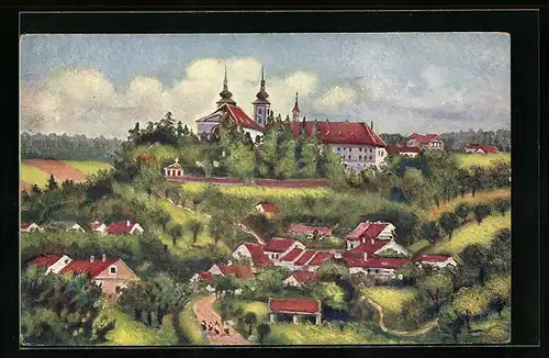 Künstler-AK Vranov, Kostel, Panorama, Ulica