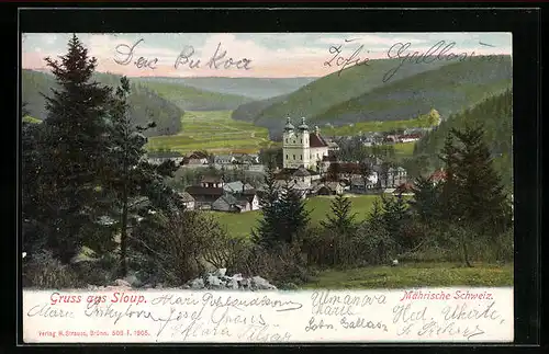 AK Sloup /Mähr. Schweiz, Ortsansicht aus der Ferne