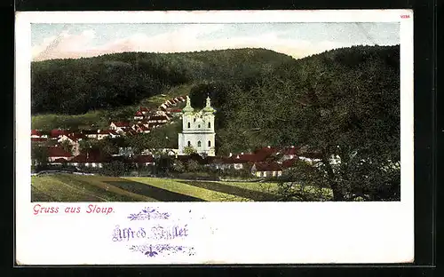 AK Sloup, Ortspartie mit Kirche
