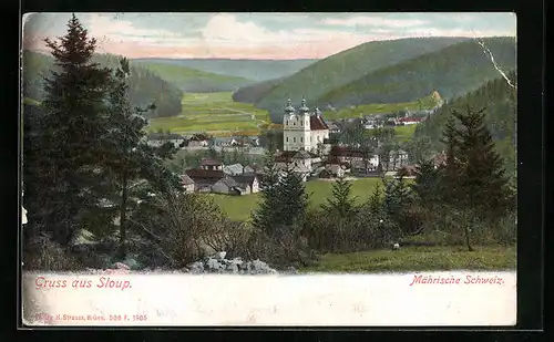 AK Sloup /Mähr. Schweiz, Teilansicht mit Kirche