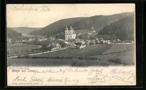 AK Sloup, Panorama, Kostel