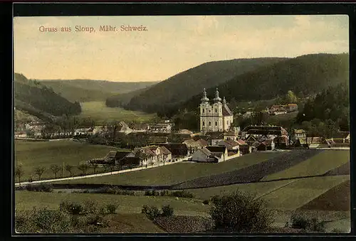 AK Sloup /Mähr. Schweiz, Ortsansicht mit Kirche aus der Ferne