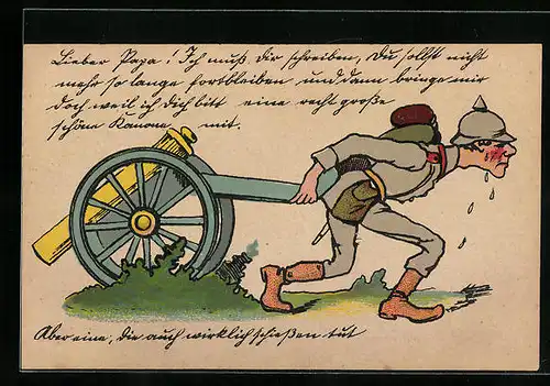 Künstler-AK Soldat schleppt schweres Geschütz