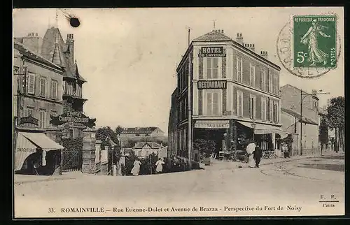 AK Ramainville, Rue Etienne-Dolet et Avenue de Brazza, Perspetive du Fort de Noisy