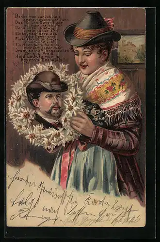 AK Dame in Tracht mit Portrait von Ludwig II.