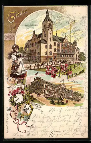 Lithographie Iserlohn, Alexanderhöhe, Neues Saalgebäude, Grosse Halle, Mädchen in Tracht