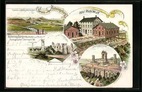 Lithographie Hohensyburg, Hotel Rich. Wulf, Kasier Wilhelm Denkmal, Ruine der Burg, Panorama