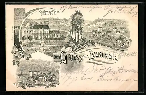 Lithographie Eveking, Gasthof zur Verse v. Ewald Funke, Teilansicht