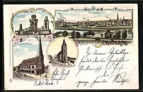 Lithographie Schwerte, Kaiser Wilhelm Denkmal, Altes Rathaus, Totalansicht