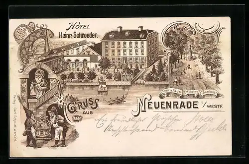 Lithographie Neuenrade in Westf., Hotel Heinr. Schroeder, Wall m. Kaiser, Wilhelm I. Denkmal, Zwerge im Weinkeller