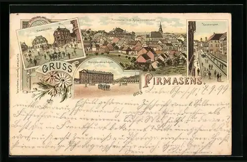 Lithographie Pirmasens, Ecksteinsaul, Exercierplatz und Schule, Hauptstrasse