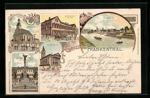 Lithographie Frankenthal, Kath. und Protest. Kirche, St.-Elisabeth-Hospital, Kriegerdenkmal mit Rathaus