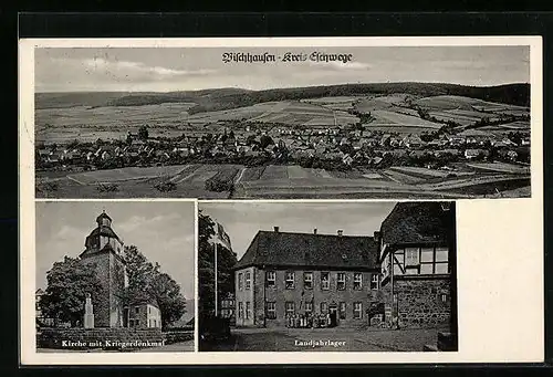 AK Bischhausen bei Eschwege, Kirche mit Kriegerdenkmal, Landjahrlager, Panorama