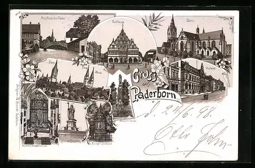 Lithographie Paderborn, Rathaus, Jesuitenkirche, Postamt, Dom