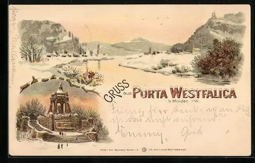 Winter-Lithographie Porta Westfalica bei Minden, Denkmal und Panorama