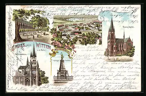 Lithographie Witten, Evang. Kirche, Voss Garten, Kath. Kirche, Krieger Denkmal, Totalansicht