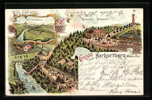 Lithographie Wetter, Harkortberg, Restaurant Schemann, Ritterburg am Fluss, Totalansicht