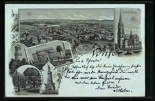 Mondschein-Lithographie Witten, Gedächtniskirche, Haus Witten, Helenen-Thurm